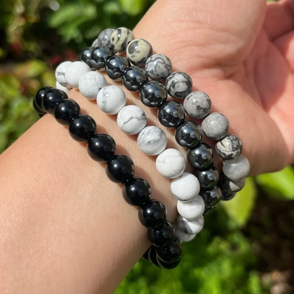 8mm stretchable black white‎ crystal bracelet set
